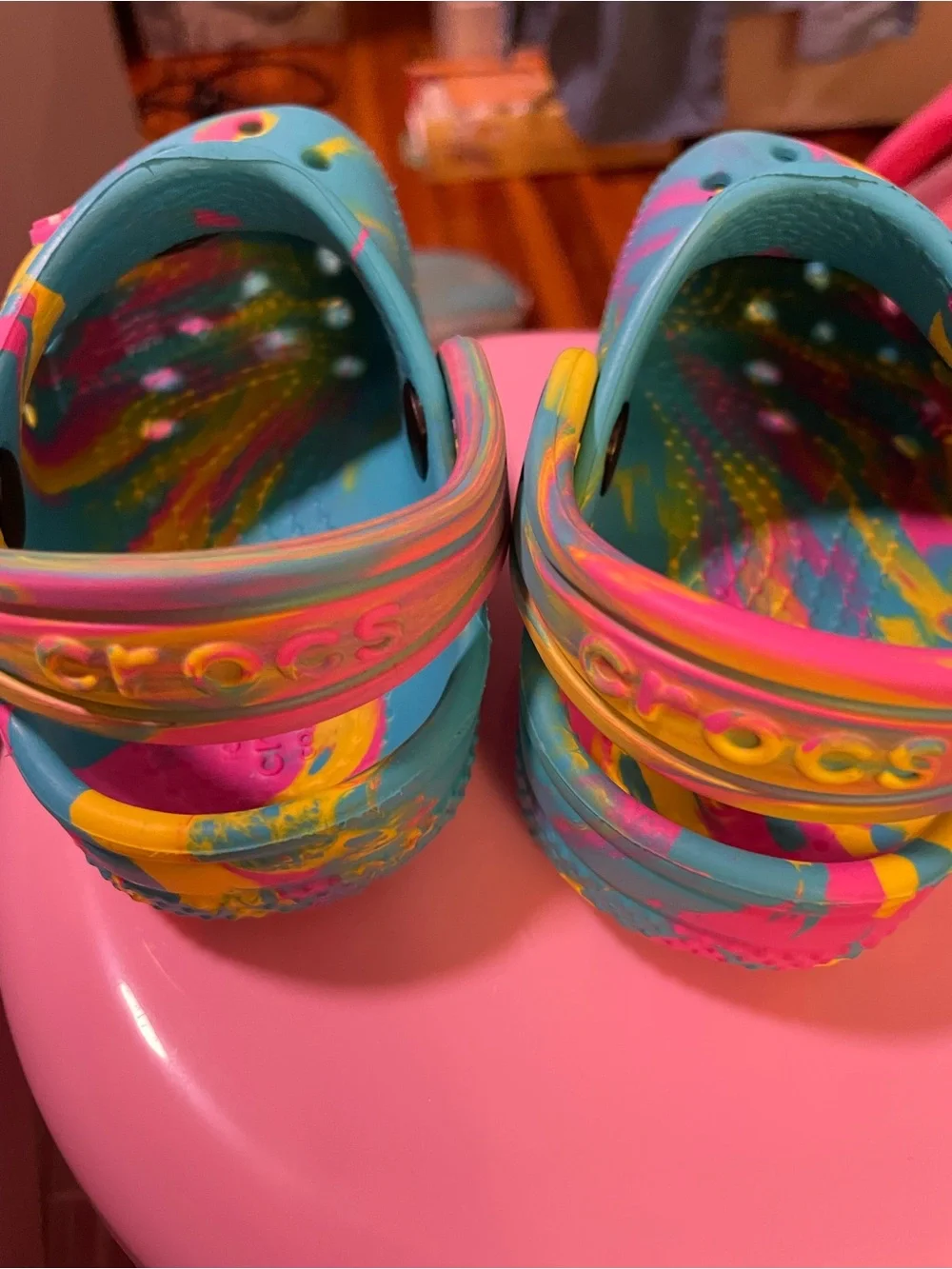 CROCS Kids Tie-Dye Blue Yellow Pink Slip-On Clogs with Character Charms